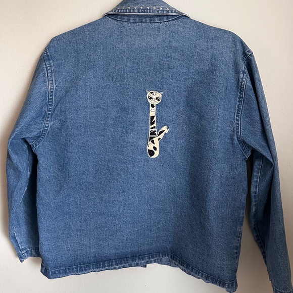 Vintage Jean Denim Jacket Cat Mom Embroidery Appliqué Quirky Cottagecore Artsy S - Picture 3 of 15
